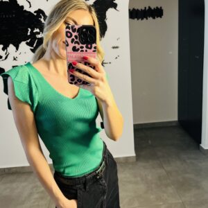 Κοντομάνικο πλεκτό μπλουζάκι με λεπτομέρεια στο μανίκι – Πράσινο