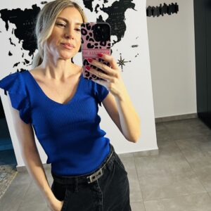 Κοντομάνικο πλεκτό μπλουζάκι με λεπτομέρεια στο μανίκι - Μπλέ